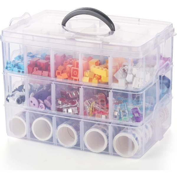 Craft Storage Box With Compartments. 3-tier 30 Sections Transparent Stackable