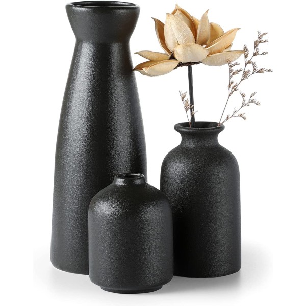 Sort Keramikkvase Sett-3 Små Blomstervaser for Dekor