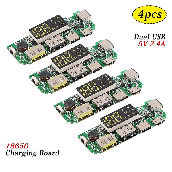 4 stk. 18650 opladningskort Dual Usb 5v 2.4a Mobil Bank Modul 186 50 Lithium Batteri Opladerkort