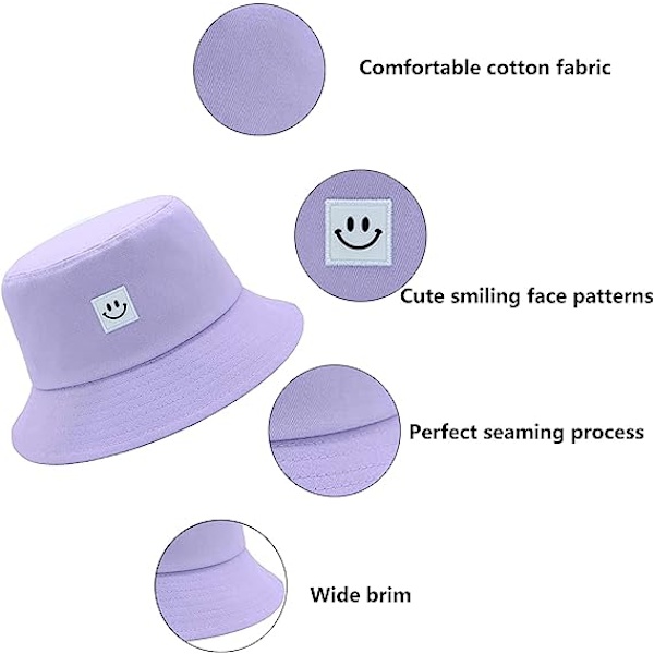 Solhatt for barn med smilende ansikt, bøttehatt for jenter og gutter, sommer solbeskyttelse bomull U Purple
