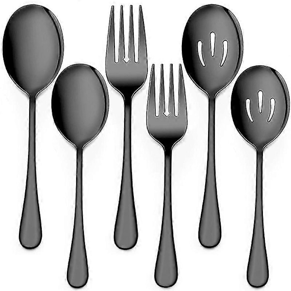 Serveringssæt i rustfrit stål til buffet, catering, fest, banket, serveringsskeer og gafler, sort
