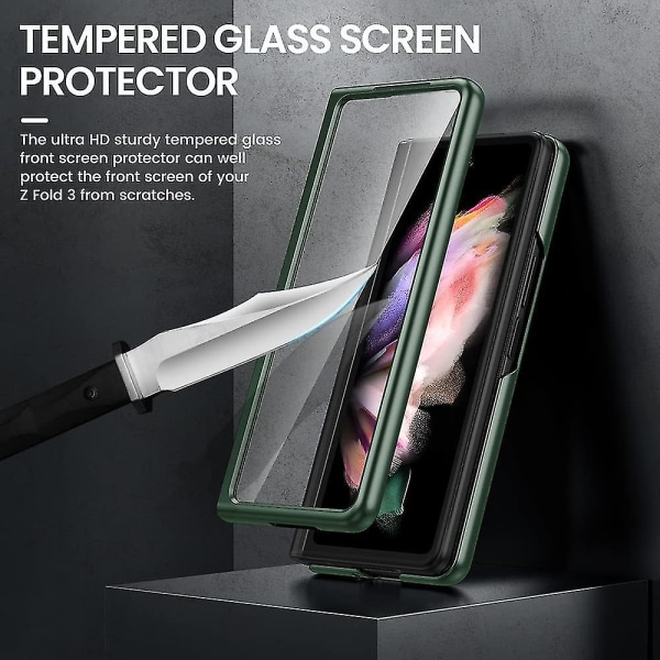 Case , joka on yhteensopiva Samsung Galaxy Z Fold 3:n kanssa, jossa on S-kynäpidike ja etunäytön suojakalvo Green