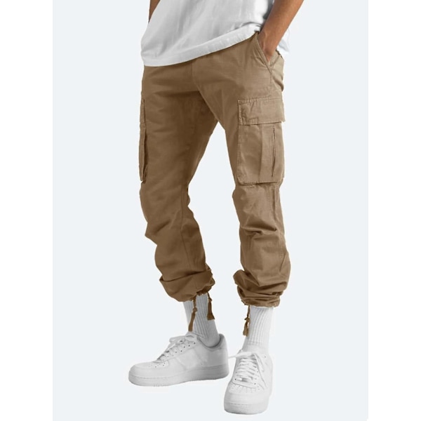 Herr Bekväma Arbetskläder Bomull Linne Multificka Casual Lös Baggy Långa Cargobyxor Khaki 5XL