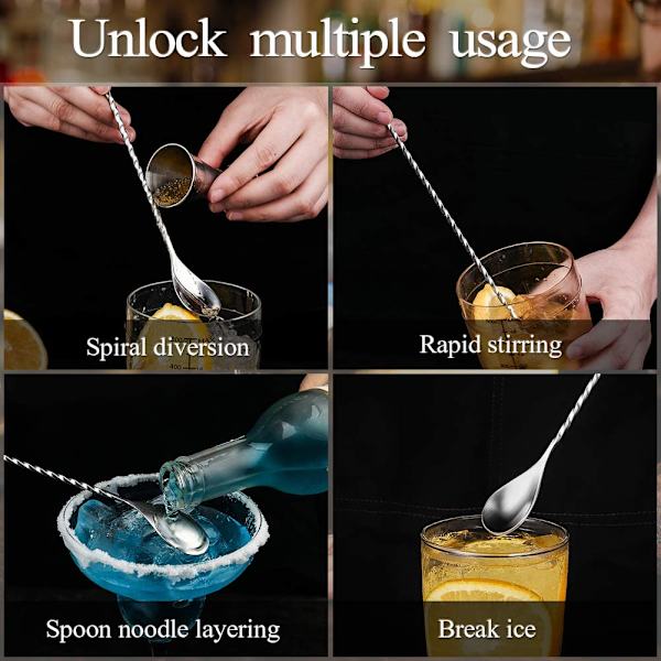Cocktail Ske, Rustfrit Stål Bar Teske Lang Skaft Cocktail Shaker Spiral Design Perfekt til Omrøring og Lagdeling af Drikke (Sølv) silver
