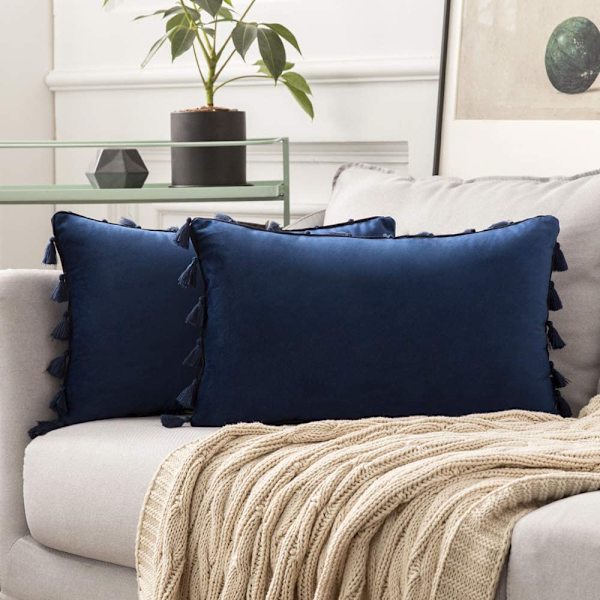 Pakke med 2 fløjlsbløde, ensfarvede, dekorative pudebetræk med kvaster i boho-stil til sofa og seng 30x50cm marineblå navy blue 30*50cm