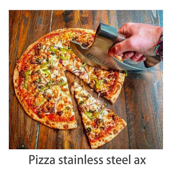 Vintage Pizzaøkse med træskaft - indgraverede runer - Viking Pizzaøkse - Multifunktionel lille vikingøkse