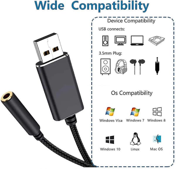 USB-lydadapter, USB til 3,5 mm lydstikadapter, ekstern USB