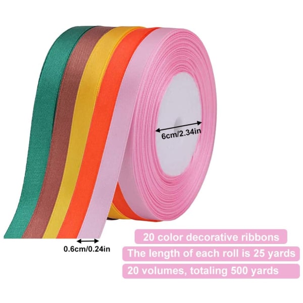 20 ruller silkebånd 457 m dobbeltsidet 20 farver bånd 6 mm Velegnet til gaveindpakning, gør-det-selv, fest og boligdekoration