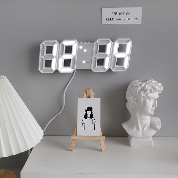 Suuri 3D LED-digitaalinen seinäkello white light