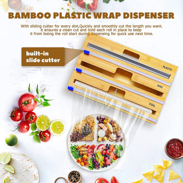 Cling Film Dispenser, 100% Bambusfolie Dispenser - Aluminium Pergament Wrap Organizer Dispenser til køkkenskuffe (3 i 1)