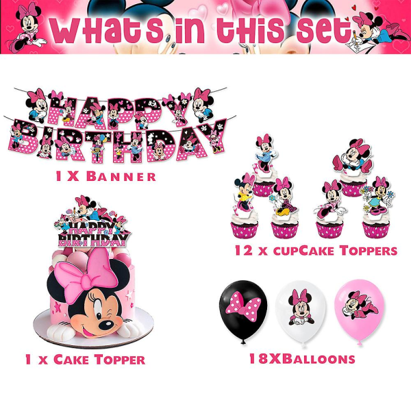 Minnie Mouse Barn Flickor Rosa Födelsedagsdekorationer Festtillbehör Banner Ballonger Tårta Toppers Set