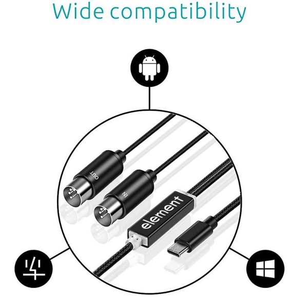 Midi til USB C Type C-kabel USB Midi-konverter med indikatorlys for elektronisk datamaskin