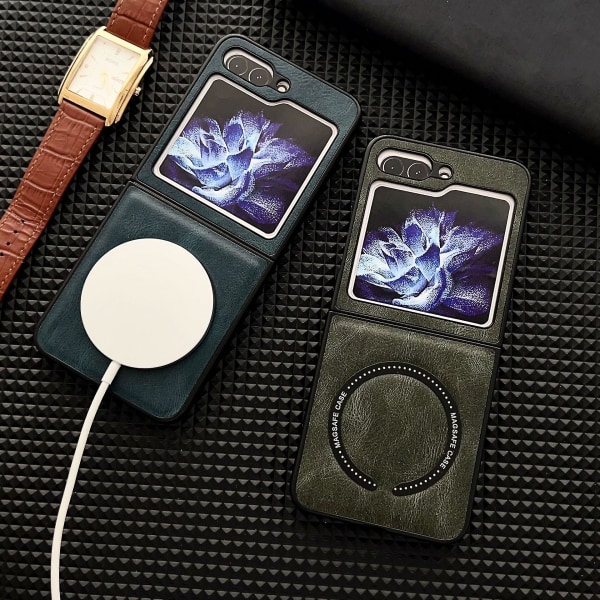 Magneettinen nahkainen iskunkestävä case Samsung Galaxy Z Flip 5:lle, yhteensopiva Magsafelle Black