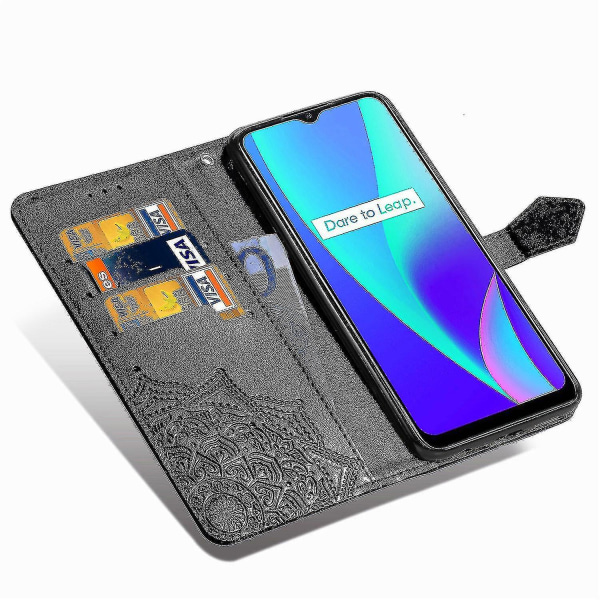 Realme C15 Case Nahkainen Lompakon Cover Kohokuvioitu Mandala Magneettinen Flip Protection Iskunkestävä - Musta