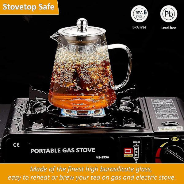 950 ml/30 oz glas tekande med aftagelig rustfri stål si og matchende silikoneunderlag
