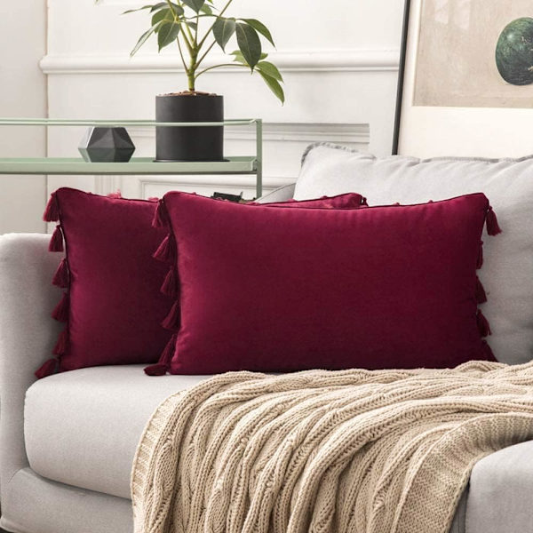 2 stk. fløjlsbløde ensfarvede dekorative pudebetræk med kvaster i boho-stil til sofa, seng 30x50cm vinrød old-style red 30*50cm