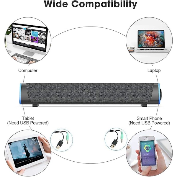 Soulion R30 Datorhögtalare - Usb-drivna små PC-högtalare med färgglada RGB-lampor, strömbrytare och surroundljud för stationär dator