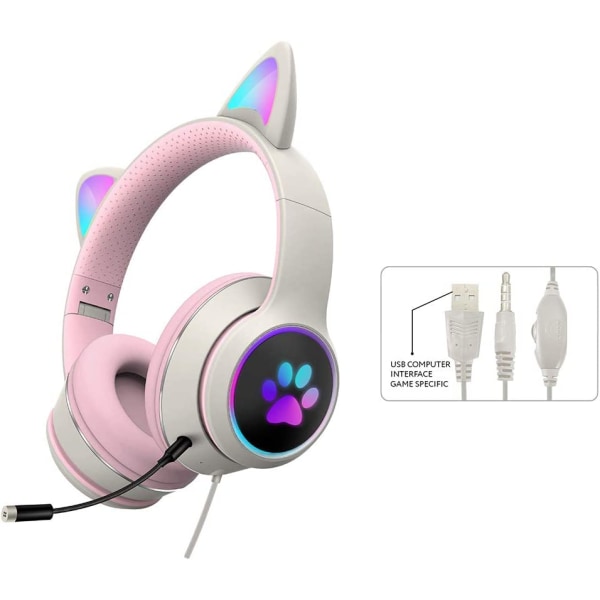 LED Light Up-hovedtelefoner med mikrofon Foldbar Cute Cat Ear Gaming Headset wit dusty pink