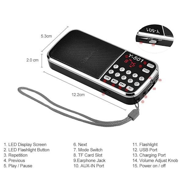 Y-501 Mini FM-radio, digitaalinen kannettava 3 W:n stereokaiutin, MP3-audiosoitin, korkea äänenlaatu, 0,75 tuuman näyttö, LED-taskulamppu, tuki