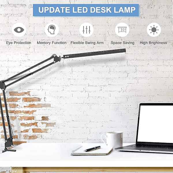 LED-skrivebordslampe med klemme, svingbar skrivebordslampe, justerbar skrivebordslampe med øjenpleje, 3 farvetilstande, øjenvenlige skrivebordslamper til hjemmekontor, studie