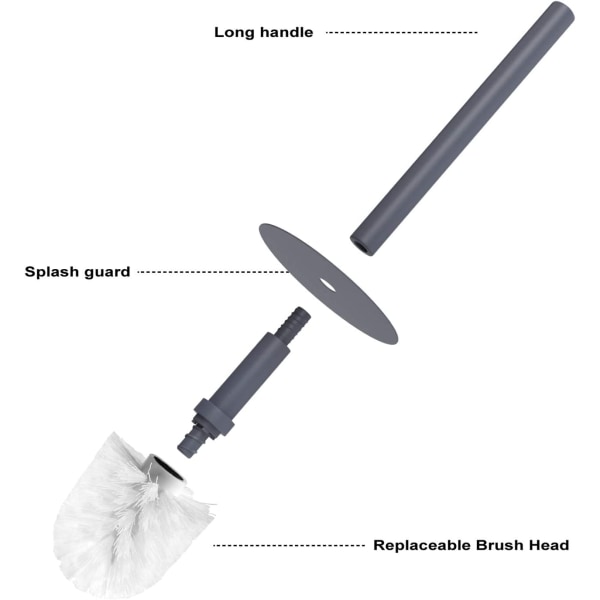 Grå toalettbørsteholder i plast, toalettbørste og holdersett for baderom med lokk, toalettbørste og holder