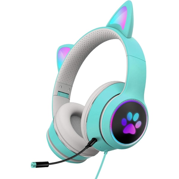 LED Light Up Hodetelefoner med mikrofon Sammenleggbar Cute Cat Ear Gaming Headset wit light green