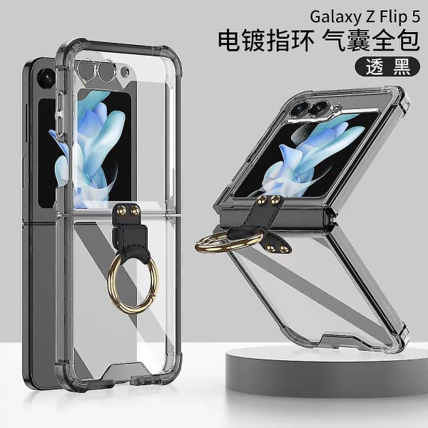 Genomskinligt case kompatibelt Samsung Galaxy Z Flip 5 med ringhållare fyra hörn droppsäker plätering Stötsäker Black