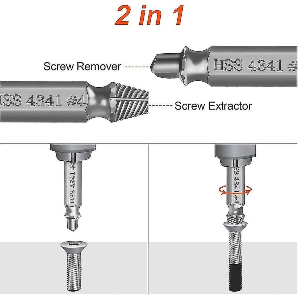 Skruutrekkersett, 5 stk. Skruutrekkerfjerner Ekstraktorsett for å fjerne lett skadde skruer, laget av HSS 4341 Hardhetsstål