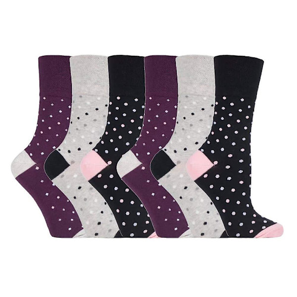 6-pack damstrumpor med mjuk grepp, utan resår, storlek 4-8 UK Polka dot black / purple