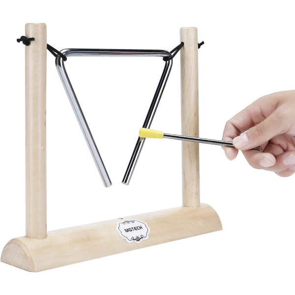 Musikalsk trekant-slagverkinstrument i stål med anfaller og trestativ for barn, påminnelsesklokke for lærere i klasserommet