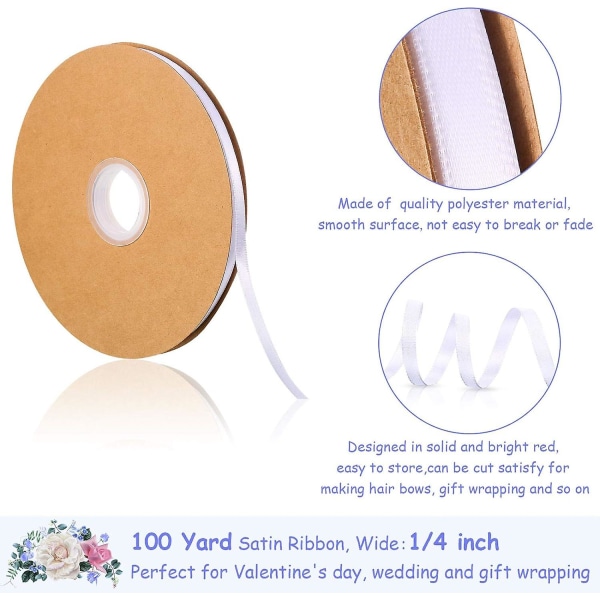 Ensfarvet satinbånd - dekorativt indpakningsbånd med dobbelt ansigt (hvid, 1/4 tomme, 100 yards)