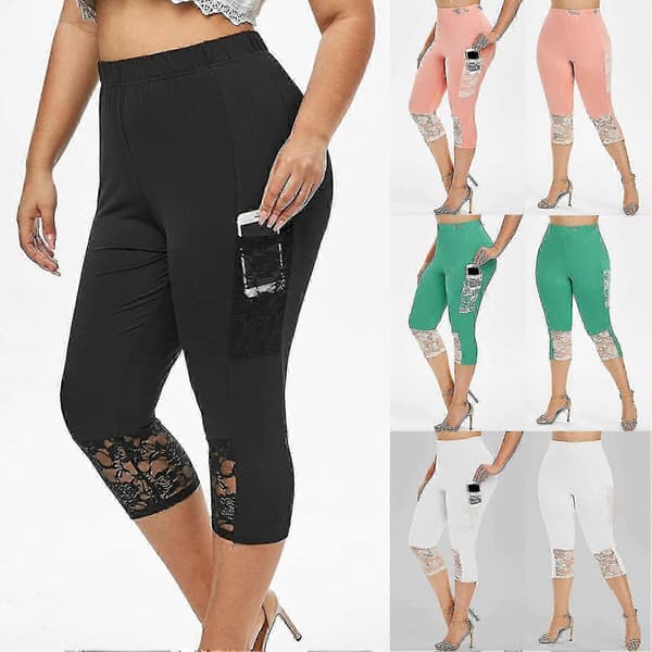 Capribukser for kvinner med blondesøm, elastiske yogabukser White L