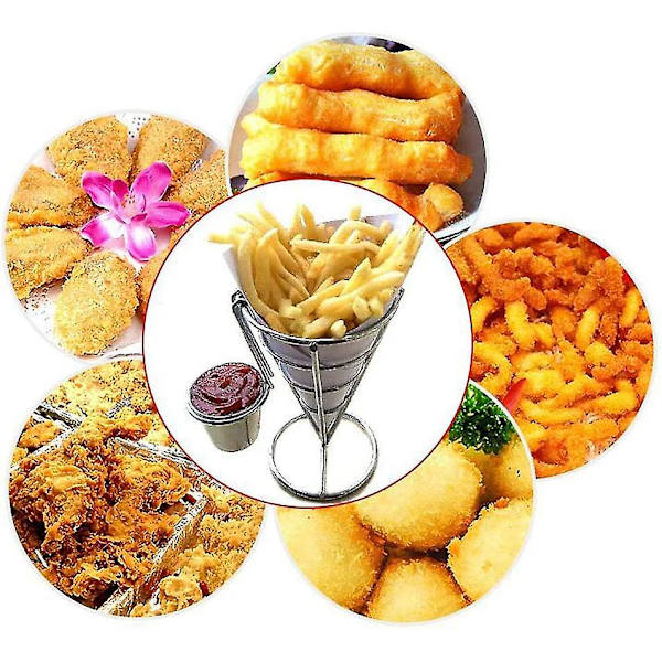 2 stk. Pommes Frites Stativ Keglekurv Fritures Holder Med Sauce Dip Metal Kegle Snack Stegt