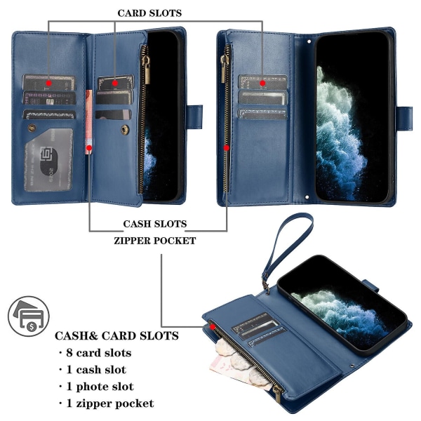 Kompatibel med Samsung Galaxy A24 4g Case Premium Dragkedja Large Space Flip Pu Cover Blue