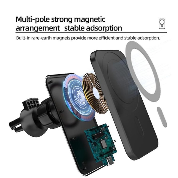 Musta 15w magneettinen langaton autolaturi Iphone 12 Mini Pro Max pikalatausmatkapuhelintelineeseen