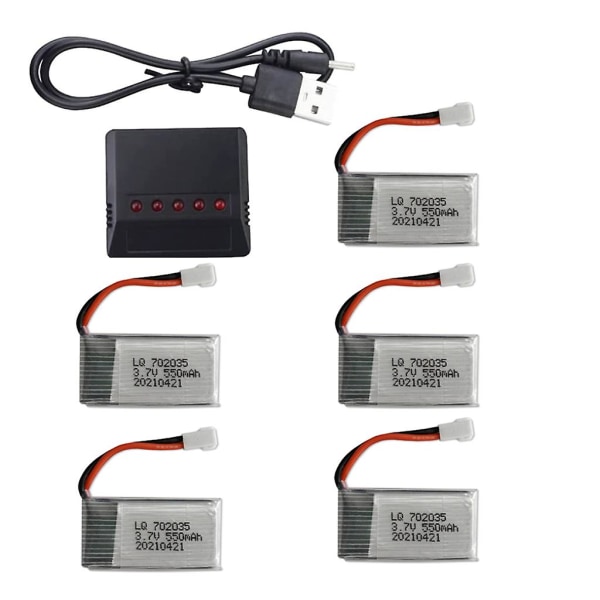 5-i-1 batteriladdare med 5 st 3,7 V 550 mAh litium-polymer Li-po-batterier och USB-kabel kompatibel med Syma Q11 H99w