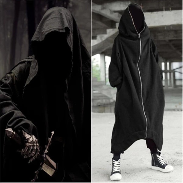 Unisex Långärmad Huvtröja Nazgul Lång Rock Dragkedja Stängning Fleecefodrad Lång Hoodie