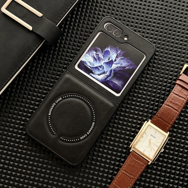 Magneettinen nahkainen iskunkestävä case Samsung Galaxy Z Flip 5:lle, yhteensopiva Magsafelle Black