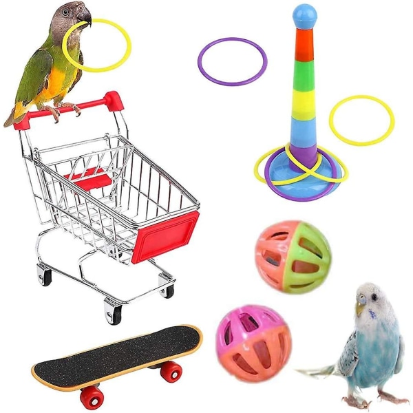 5 stykker fugleleker, (tilfeldig farge) fargerike fugleleker, papegøyeleker, inneholder handlekurv, treningsring, skateboard og bjelle, brukt til fugletrening