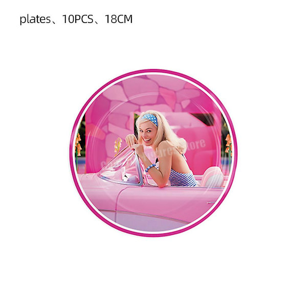 Uusi elokuva Barbie syntymäpäiväjuhlan koriste Pinkki teema Figuurit Ilmapallosetti Tausta Paperilautanen Silkkipaperi Pöytäastiat Tarvikkeet 7inches plates 10pcs