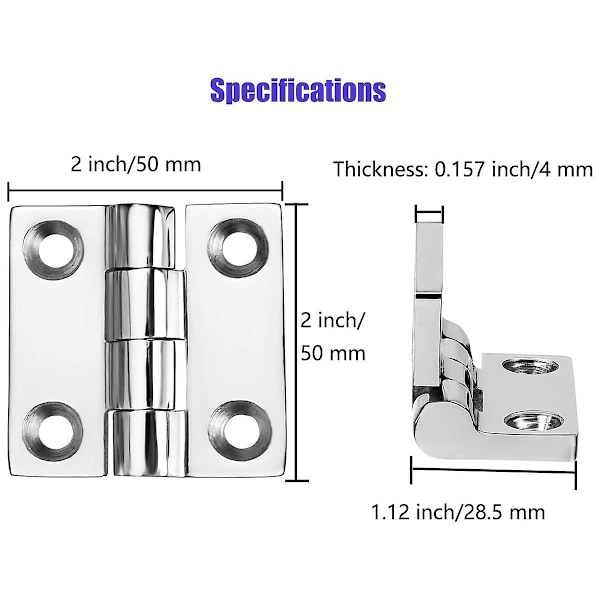 Hengsler i rustfritt stål for båt, 2 tommer x 2 tommer (50 mm x 50 mm), (4 stk)