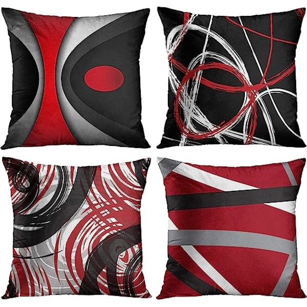Sett med 4 putetrekk moderne abstrakt rød og svart hvit grå 1+4+5+6 *4