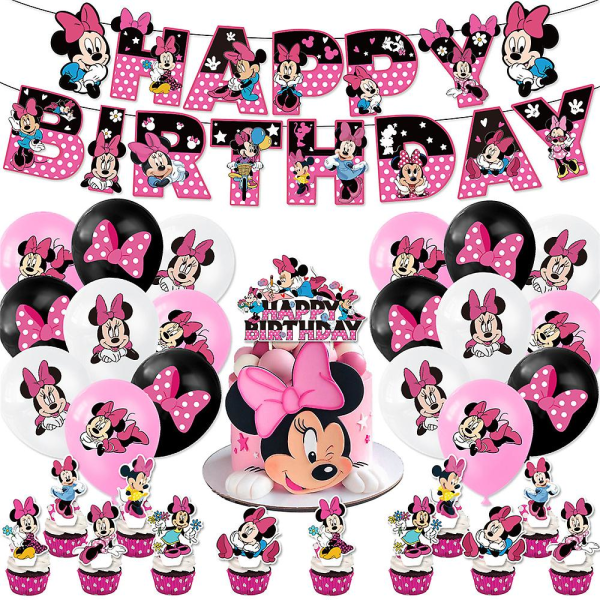 Minnie Mouse Barn Flickor Rosa Födelsedagsdekorationer Festtillbehör Banner Ballonger Tårta Toppers Set