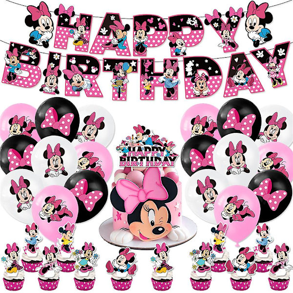 Minnie Mouse Barnkalas Dekorationer för Flickor Rosa Födelsedagsfest Tillbehör Banner Ballonger Tårtdekorationer Set