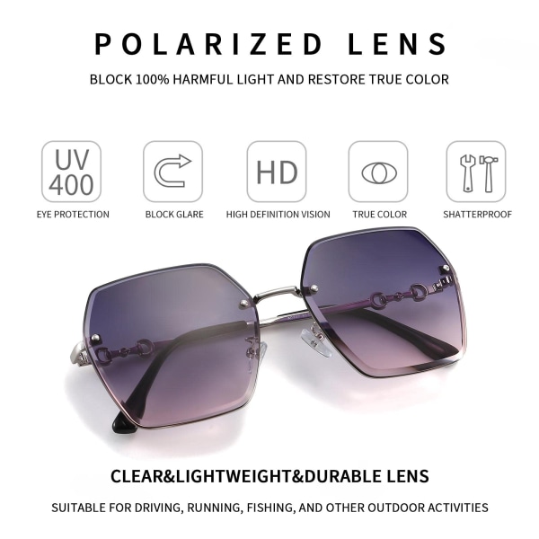 Rimless solbriller til kvinder, oversize polariserede solbriller, Fas