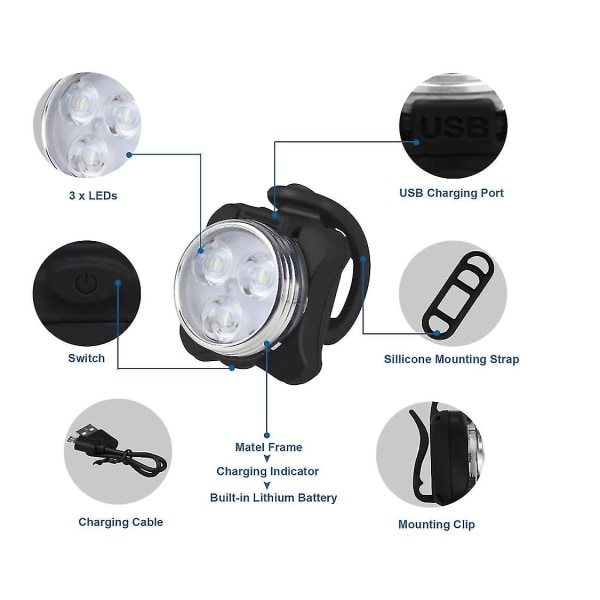 Set, superljusande USB uppladdningsbara cykelljus, Ipx4 vattentäta mountainbikeljus Uppladdningsbart framljus bakljus (svart)