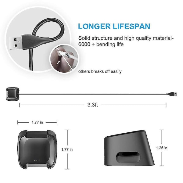 Lader for Fitbit Versa 2-klokke (ikke for Versa/versa Lite), USB-ladekabeldokkingstativ for Versa 2 Health & Fitness Smartwatch