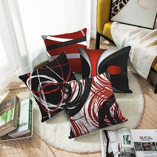 Sett med 4 putetrekk moderne abstrakt rød og svart hvit grå 1+4+5+6 *4