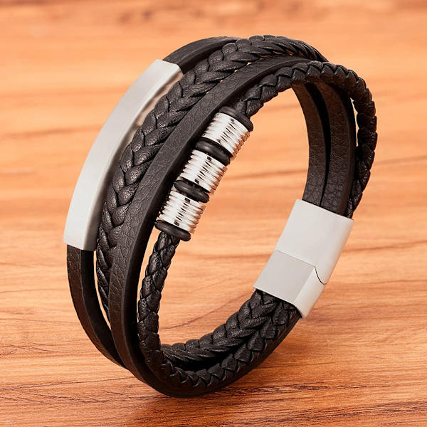Rustfrit stål charm ægte læderarmbånd til mænd magnetisk spænde klassisk multi-lag mænd læderarmbånd smykker gave længde 8,26 tommer