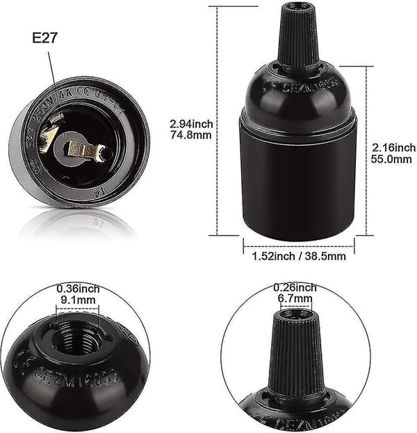 6 stk E27 svart sokkel. Retro pendellampe. Solid Bakelite adapter lampeholder